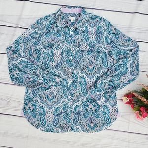 Talbots Paisley Roll Tab Blouse Size Small Long Sleeve White Teal Purple